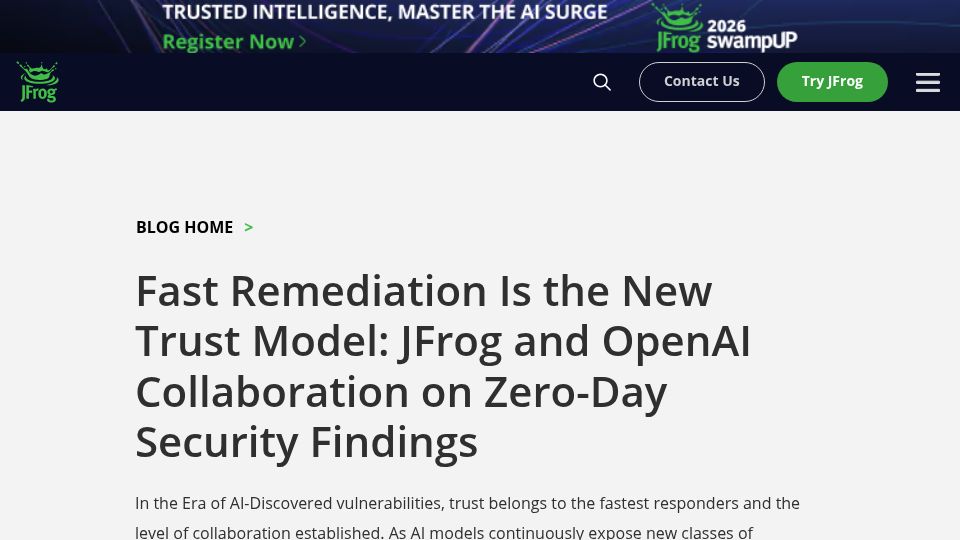 Screenshot of jfrog.com: Fast Remediation Is the New Trust Model (JFrog and OpenAI Zero-Day Findings)