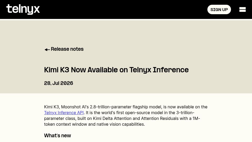 Screenshot of telnyx.com: Kimi K3 Now Available via Telnyx Inference API