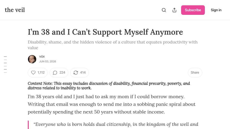 Screenshot of itsmevox.substack.com: I'm 38 and I Can't Support Myself Anymore