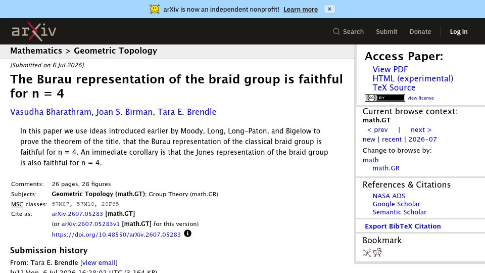 Screenshot of arxiv.org: The Burau representation of the braid group is faithful for n = 4