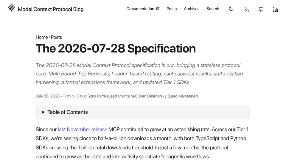 Screenshot of blog.modelcontextprotocol.io: MCP 2026-07-28 Specification: transport going stateless