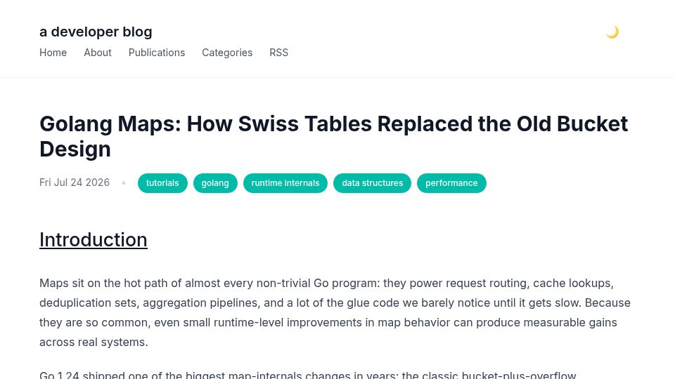 Screenshot of blog.gaborkoos.com: Golang Maps: how Swiss Tables replaced the old bucket design