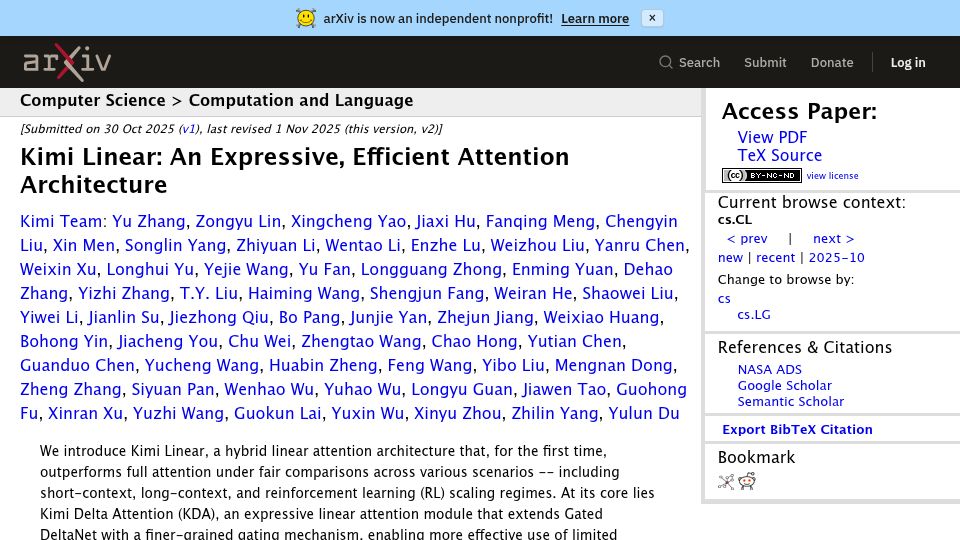 Screenshot of arxiv.org: Kimi Linear: An Expressive, Efficient Attention Architecture (2025)