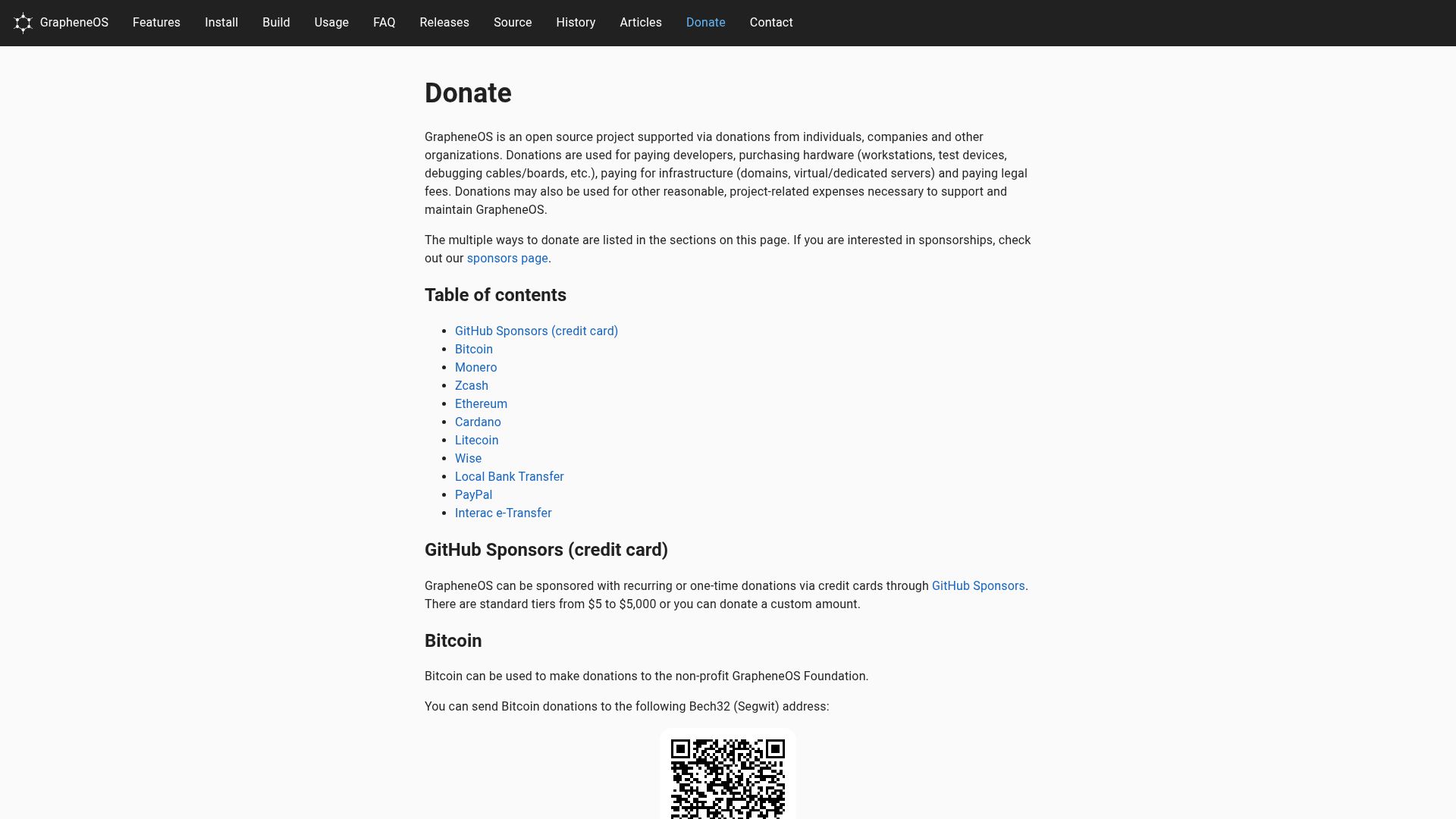 Screenshot of grapheneos.org: Donate to GrapheneOS