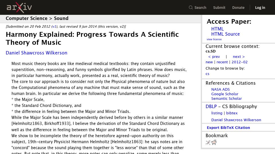 Screenshot of arxiv.org: Harmony Explained: Progress Towards a Scientific Theory of Music (2012)
