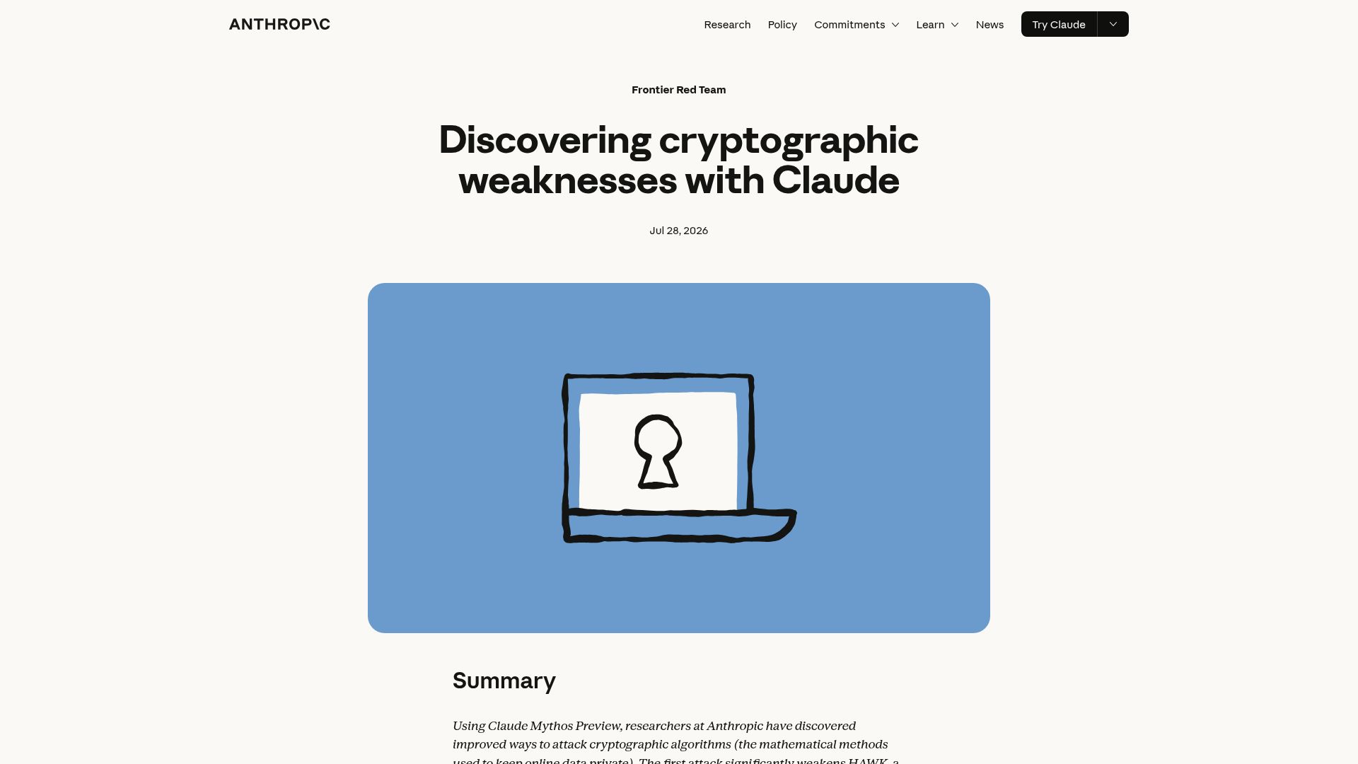 Screenshot of anthropic.com: Discovering Cryptographic Weaknesses with Claude