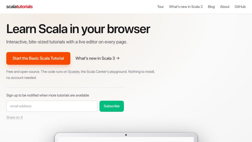 Screenshot of scalatutorials.com: Show HN: Scala Tutorials – interactive Scala 3 lessons in the browser