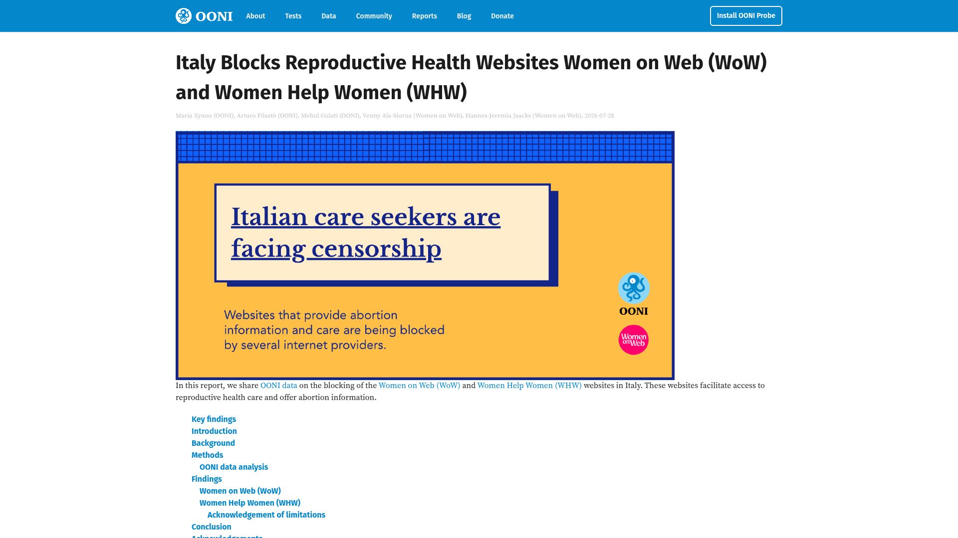 Screenshot of ooni.org: Italy Blocks Reproductive Health Websites Women on Web and Women Help Women