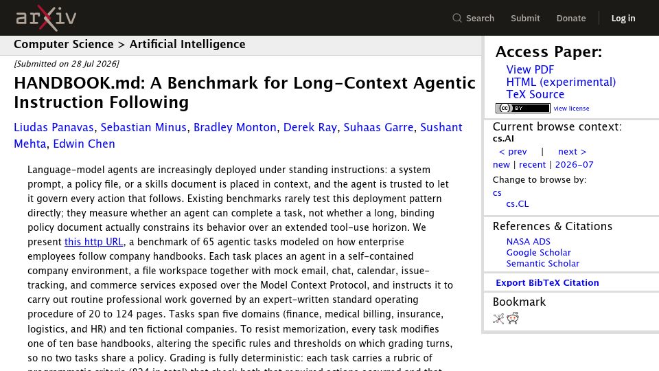 Screenshot of arxiv.org: Handbook.md shows that long policy documents do not reliably govern agents