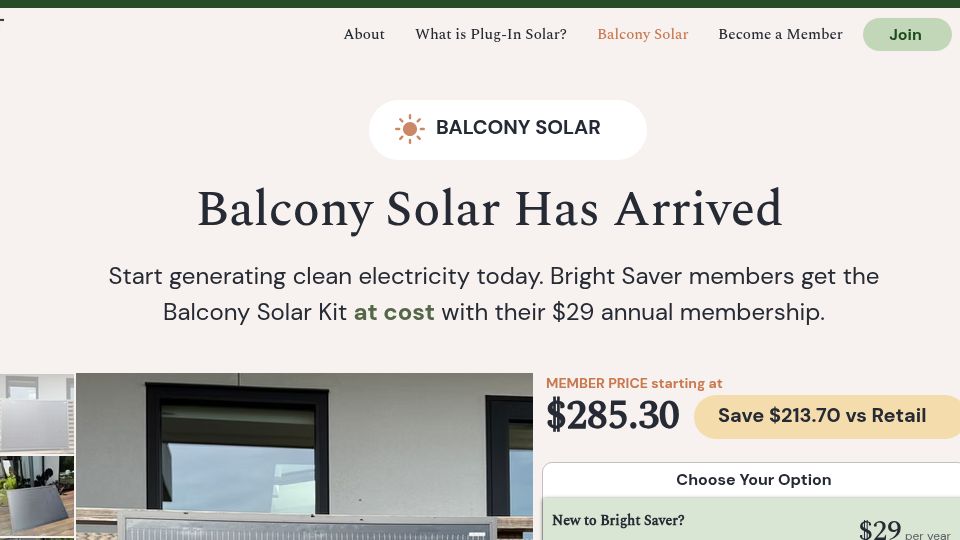 Screenshot of brightsaver.org: Balcony Solar: $1.74/watt direct plug-in solar