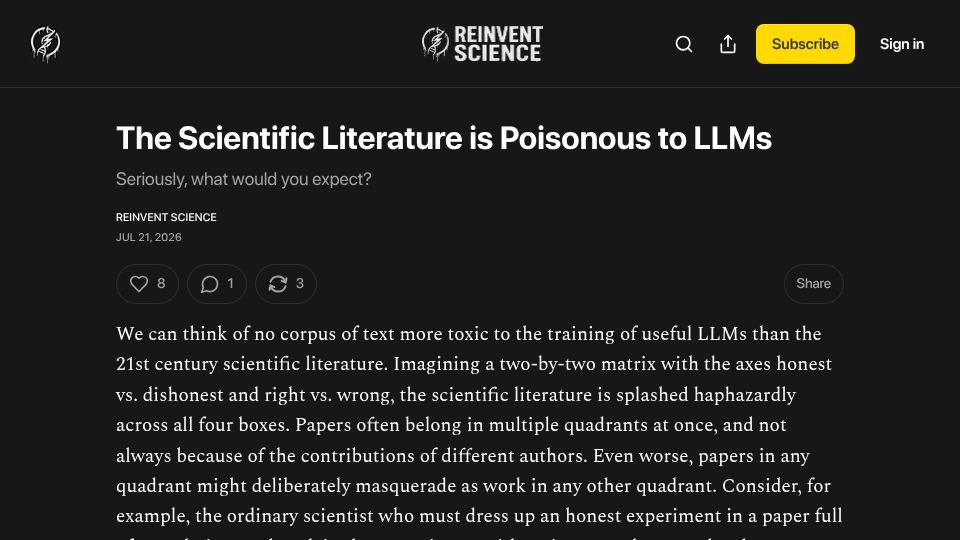 Screenshot of reinvent.science: The Scientific Literature Is Poisonous to LLMs