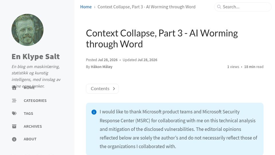 Screenshot of enklypesalt.com: Document-borne AI worms can self-propagate through Copilot for Word