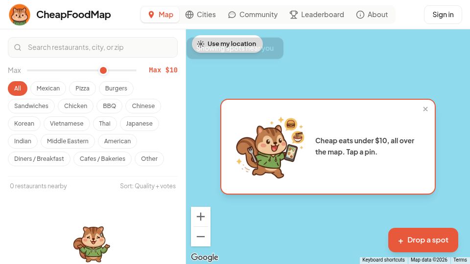Screenshot of cheapfoodmap.com: Show HN: CheapFoodMap – A map of good meals under $10