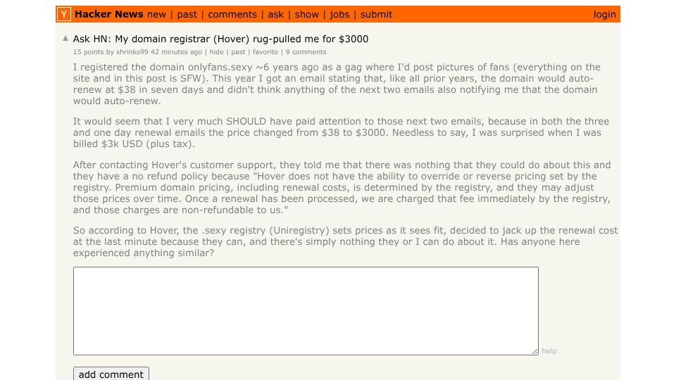 Screenshot of Hacker News post: Ask HN: My domain registrar (Hover) rug-pulled me for $3000