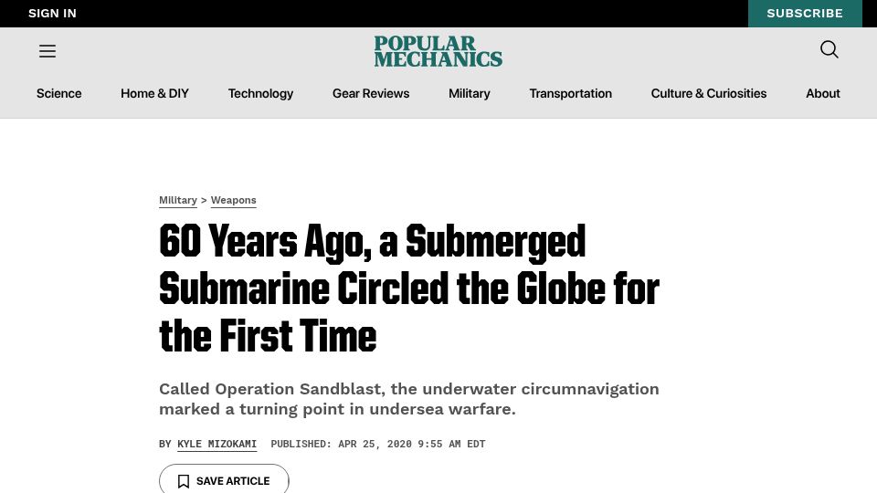 Screenshot of popularmechanics.com: 60 Years Ago, a Submerged Submarine Circled the Globe for the First Time (2020)