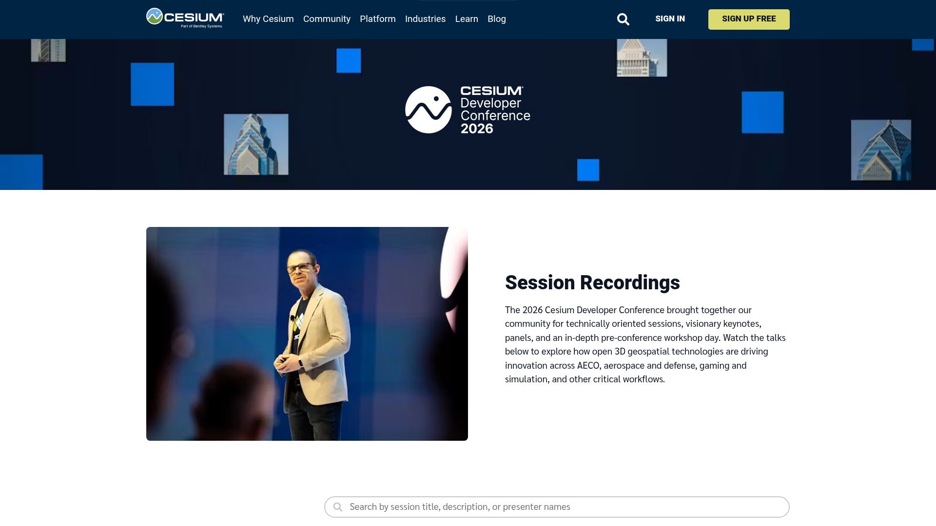 Screenshot of cesium.com: Cesium DevCon 2026 talks are up, including a keynote from SQLite's creator
