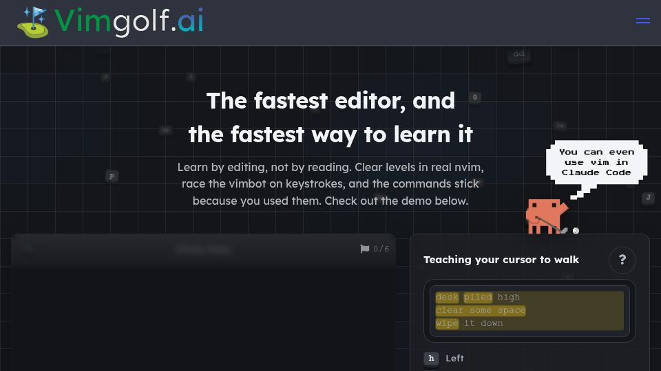 Screenshot of vimgolf.ai: Show HN: Vimgolf.ai – Learn Vim by playing through a map of levels