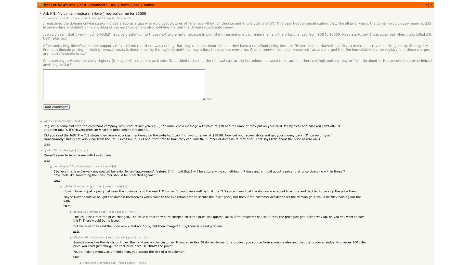 Screenshot of this Hacker News post: Ask HN: My domain registrar (Hover) rug-pulled me for $3000