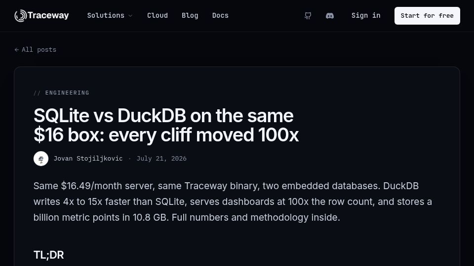 Screenshot of tracewayapp.com: Choose DuckDB rather than SQLite
