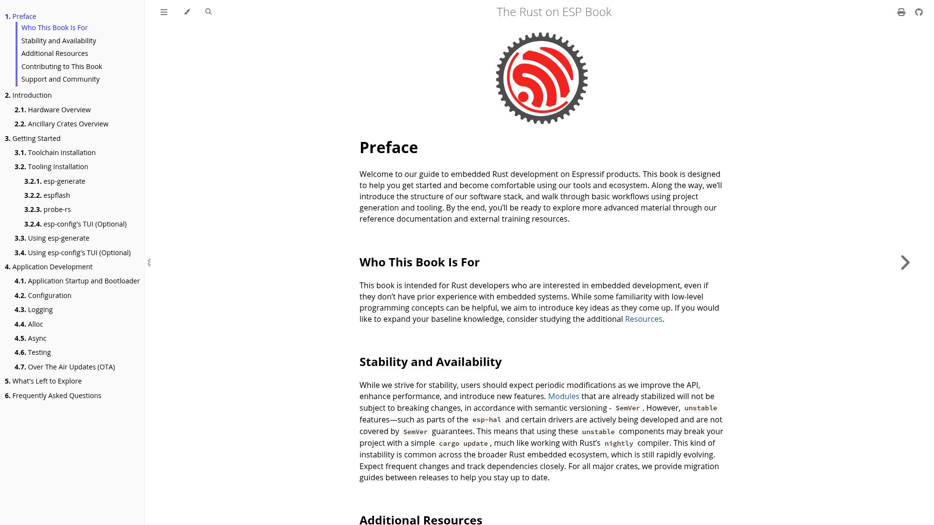 Screenshot of docs.espressif.com: The Rust on ESP Book