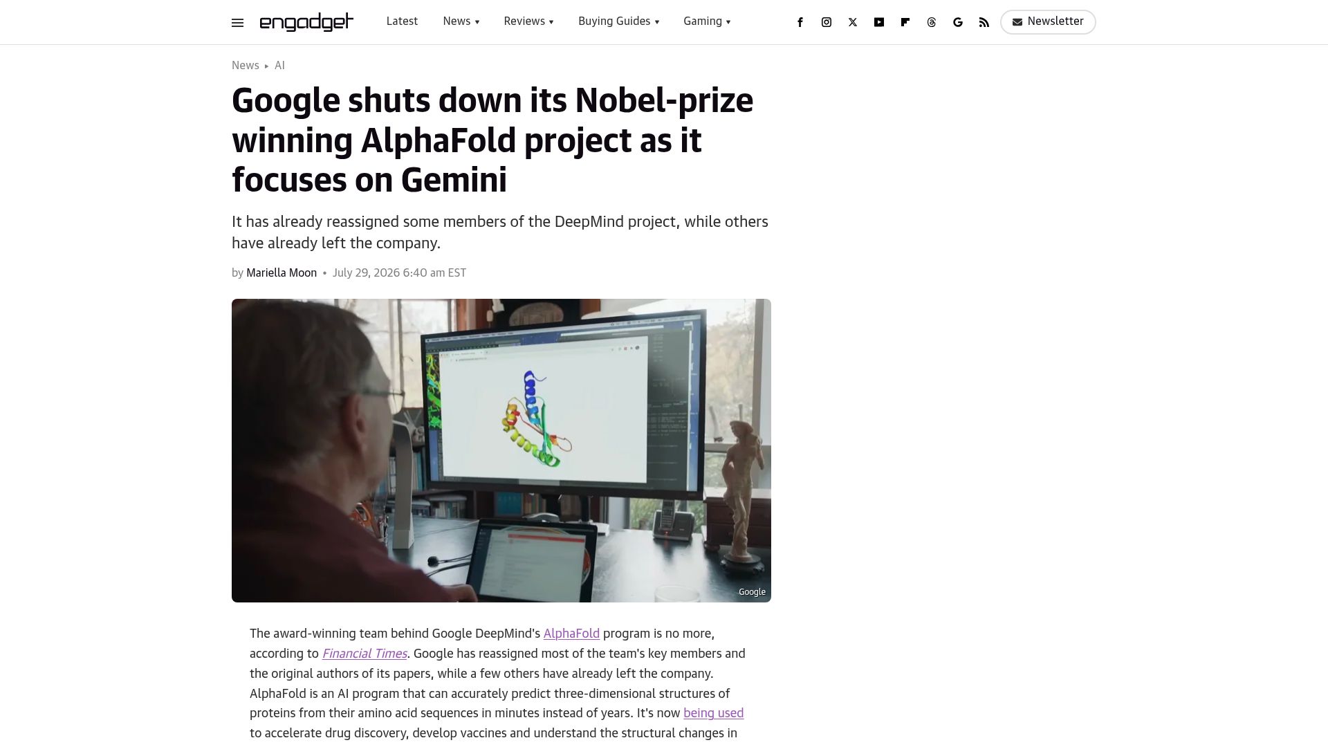 Screenshot of engadget.com: Google shuts down Nobel Prize winning AlphaFold