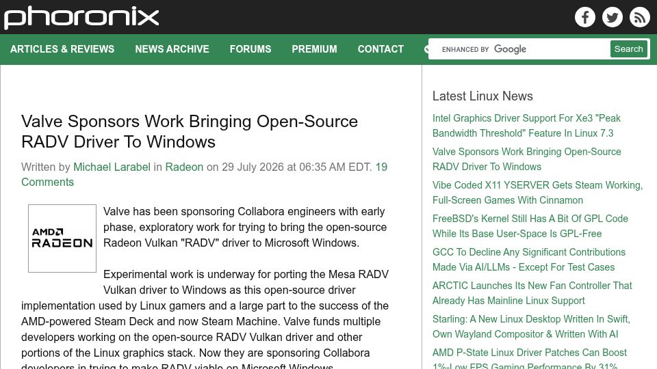 Screenshot of phoronix.com: Valve Sponsors Work Bringing Open-Source RADV Driver to Windows