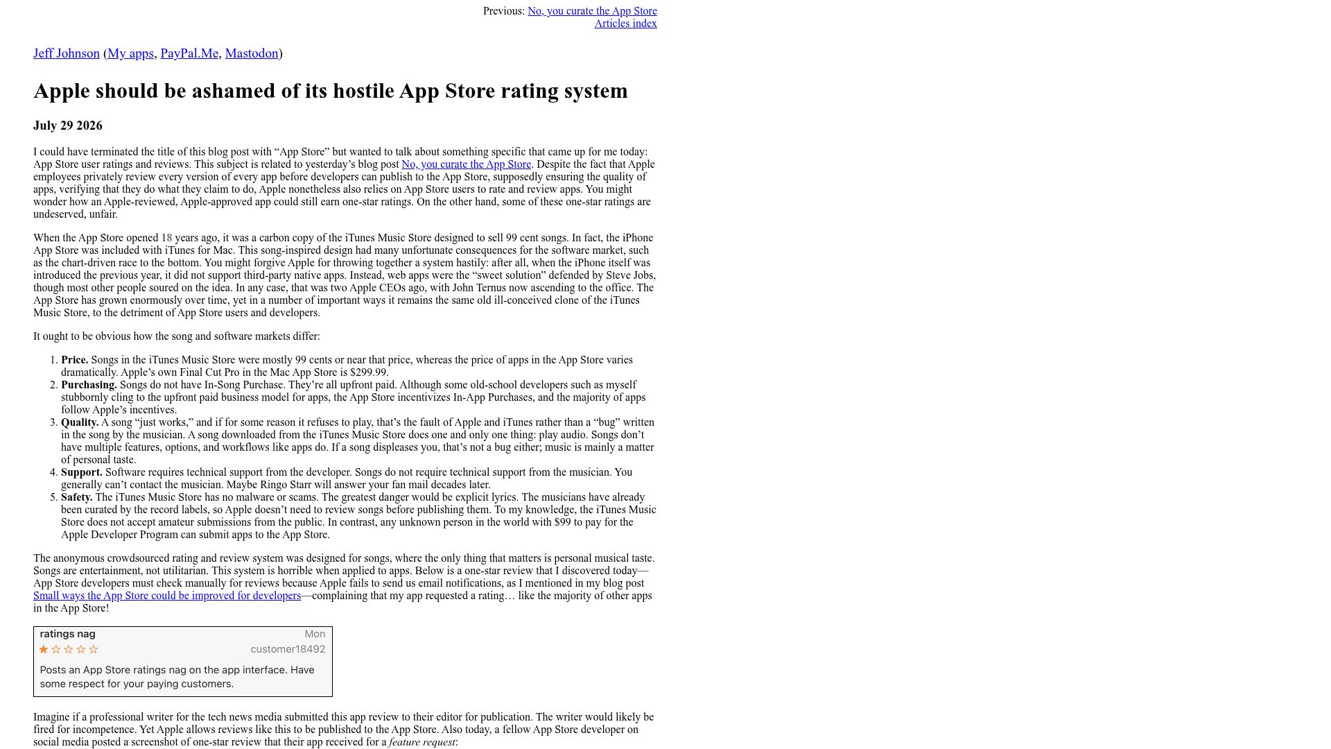 Screenshot of lapcatsoftware.com: Apple should be ashamed of its hostile App Store rating system