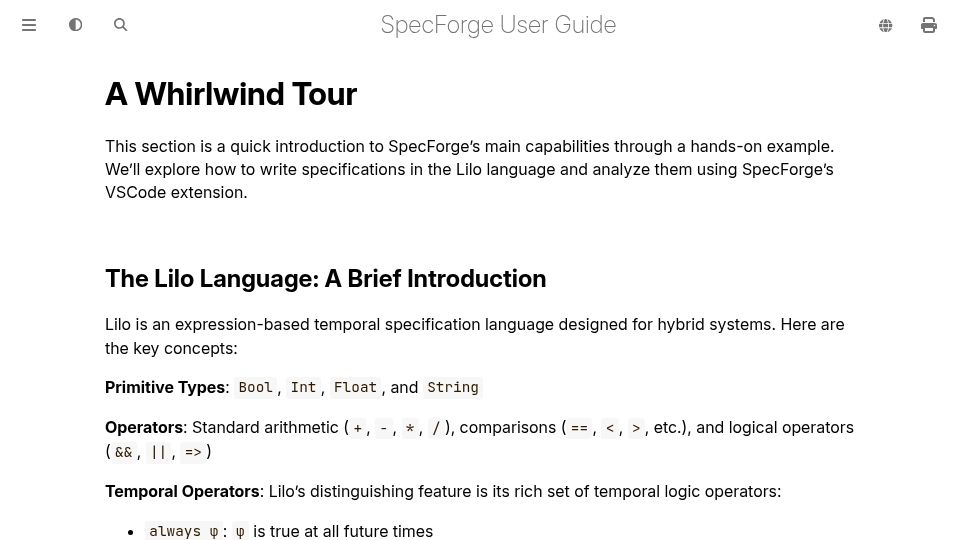 Screenshot of docs.imiron.io: SpecForge – A Platform for Authoring Formal Specifications