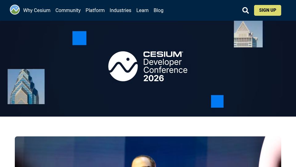 Screenshot of cesium.com: Cesium DevCon 2026 talks are up, including a keynote from SQLite's creator