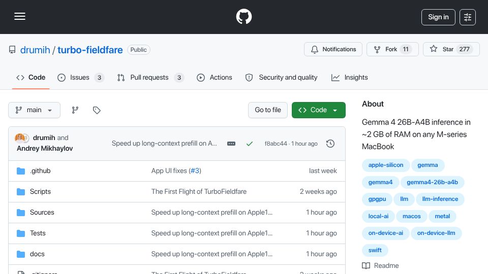 Screenshot of github.com: Show HN: Open-source engine running Gemma 4 26B in 2 GB RAM on any M-series Mac