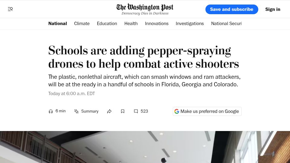 Screenshot of washingtonpost.com: Schools are adding pepper-spraying drones to help combat active shooters