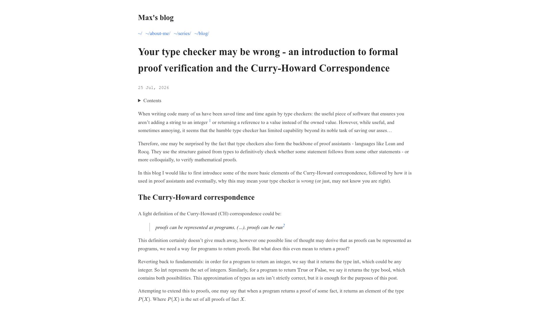 Screenshot of max-amb.github.io: An introduction to formal proof verification and the Curry-Howard Correspondence