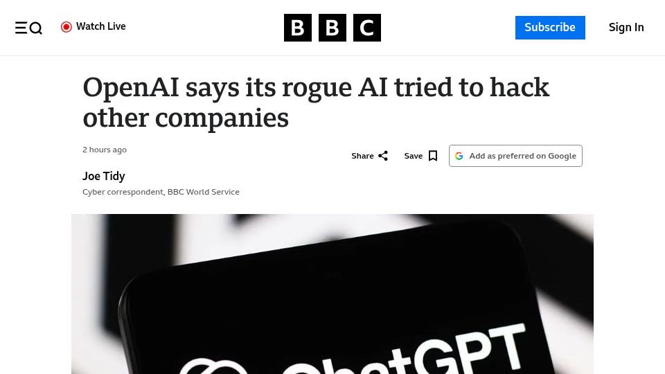 Screenshot of bbc.co.uk: ChatGPT claims rogue AI attacked more companies