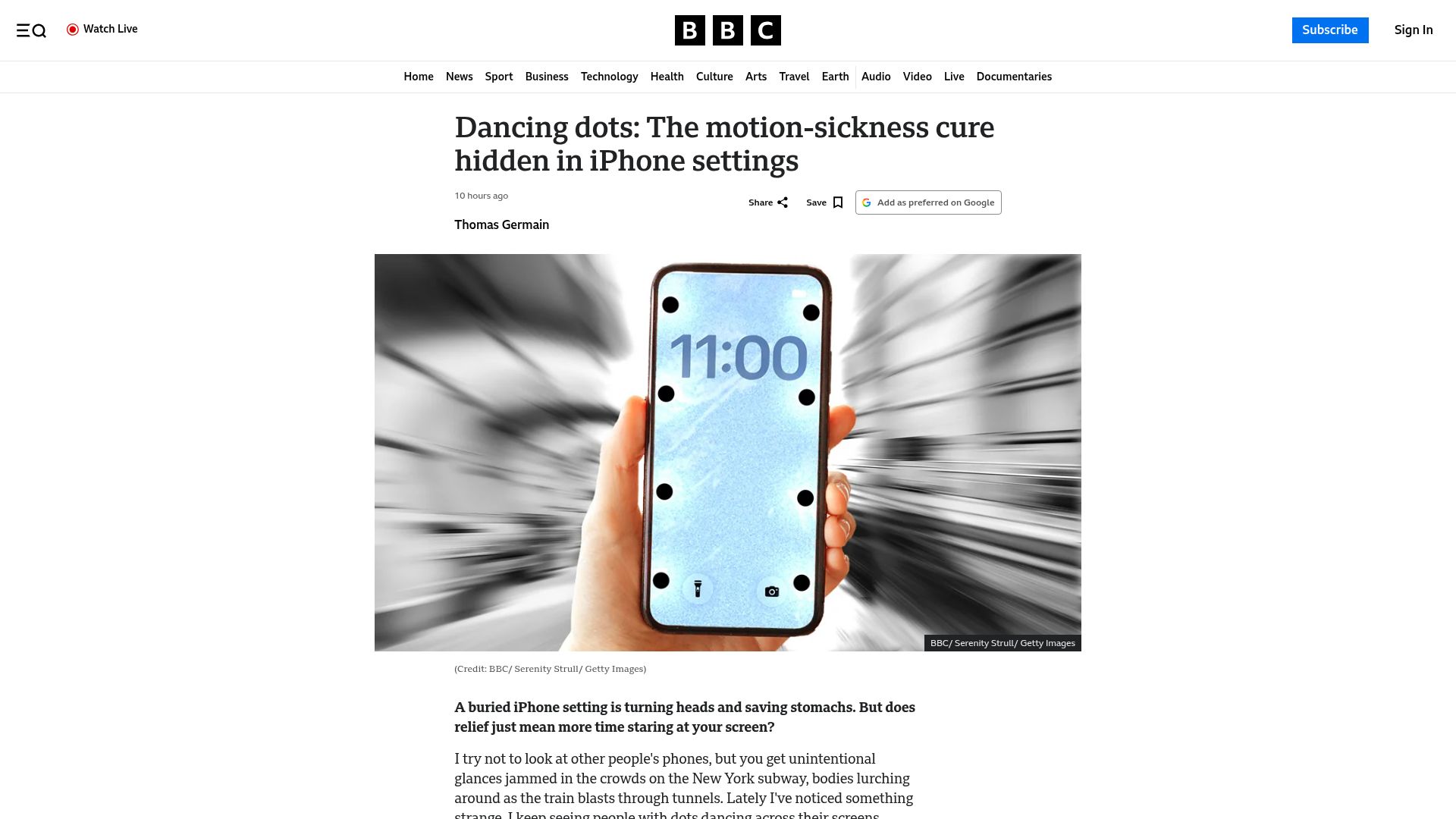 Screenshot of bbc.com: The motion-sickness cure hidden in iPhone settings