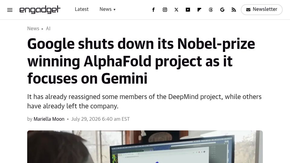 Screenshot of engadget.com: Google shuts down Nobel Prize winning AlphaFold