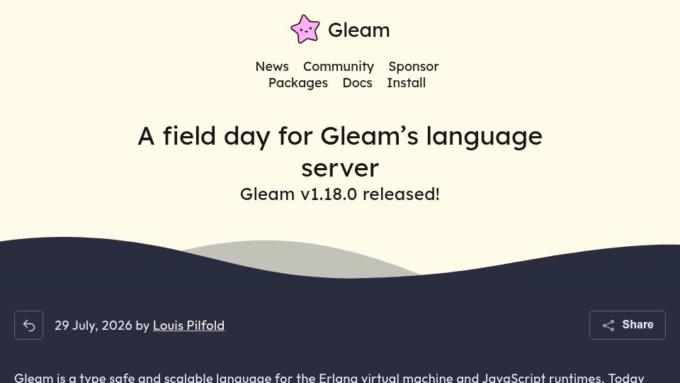 Screenshot of gleam.run: A field day for Gleam's language server – Gleam v1.18.0 release