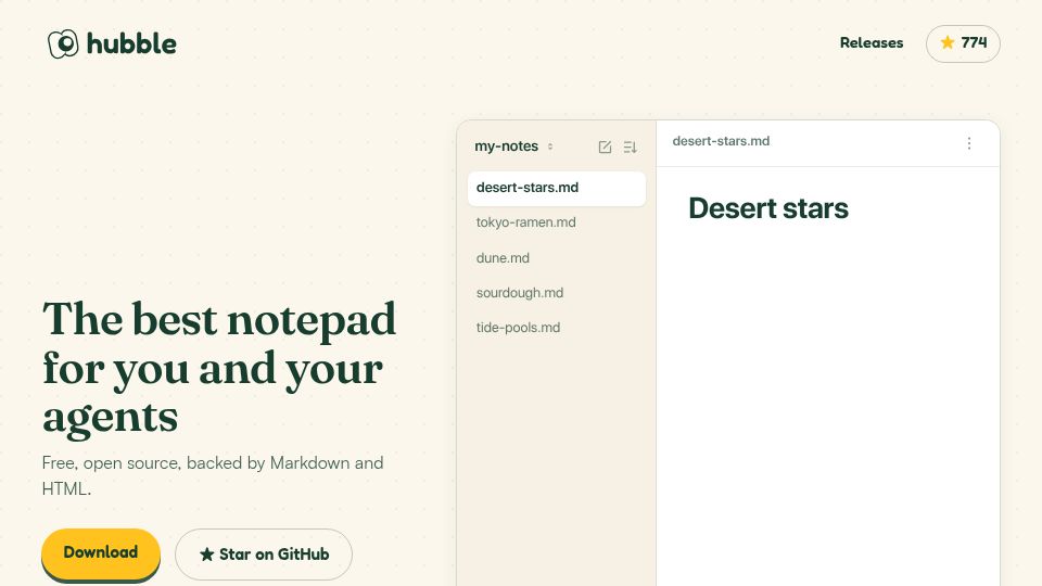 Screenshot of hubble.md: Hubble: Open-source notetaking app for you and your agents