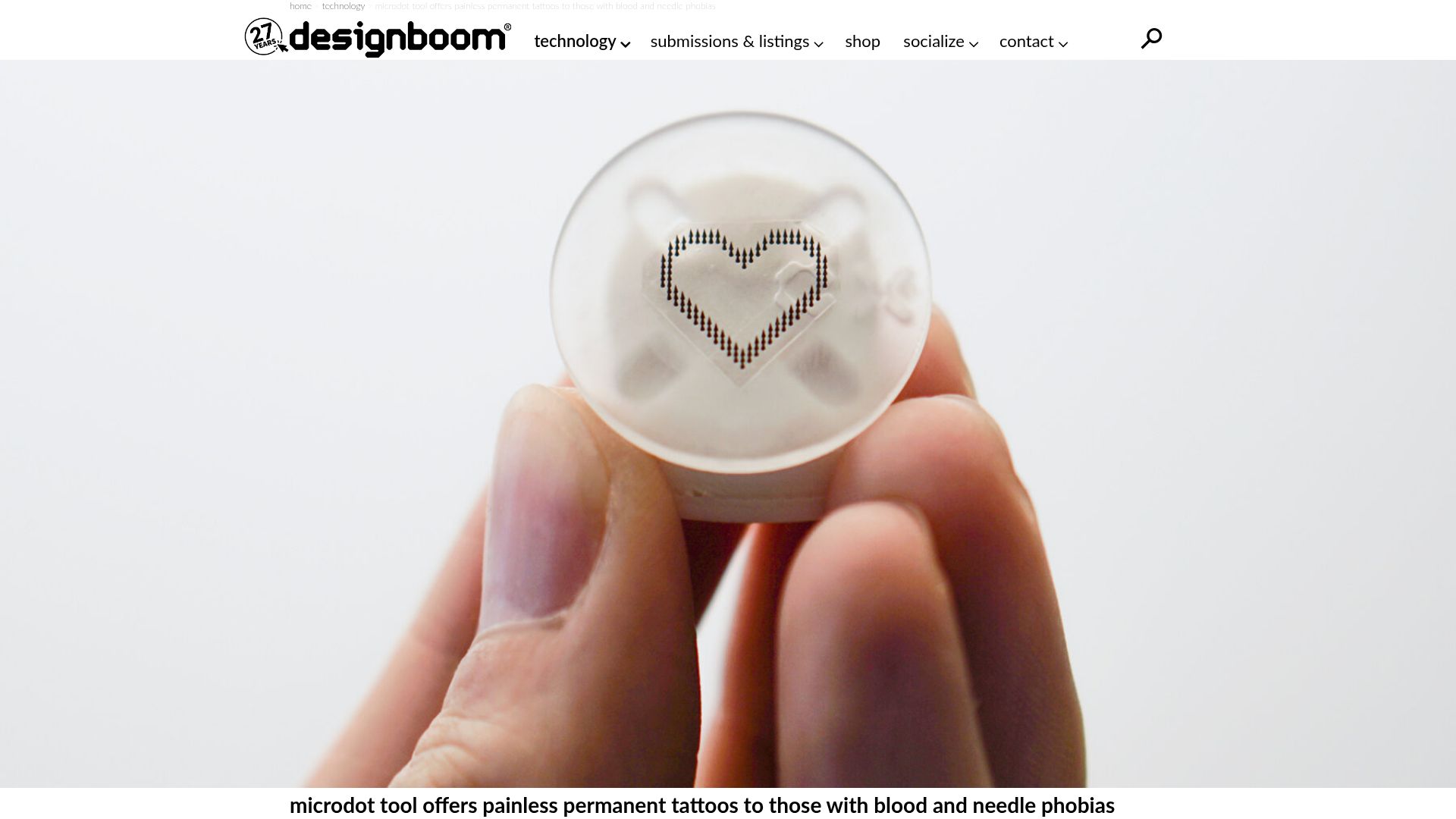 Screenshot of designboom.com: CipherX applies painless permanent tattoos with dissolving microneedle patches