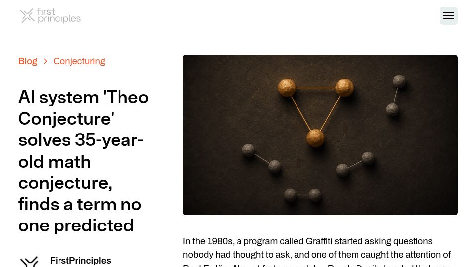Screenshot of firstprinciples.com: Theo Conjecture solves 35-year-old math problem, finds a term no one predicted