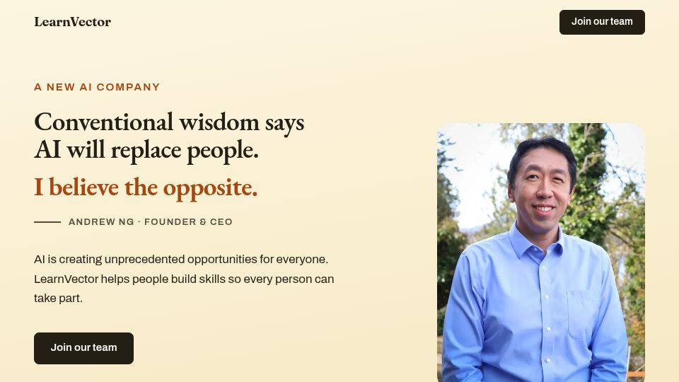 Screenshot of learnvector.ai: LearnVector – Andrew Ng's AI company building one‑to‑one learning experiences