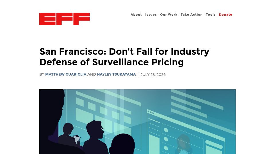 Screenshot of eff.org: San Francisco: Don't Fall for Industry Defense of Surveillance Pricing