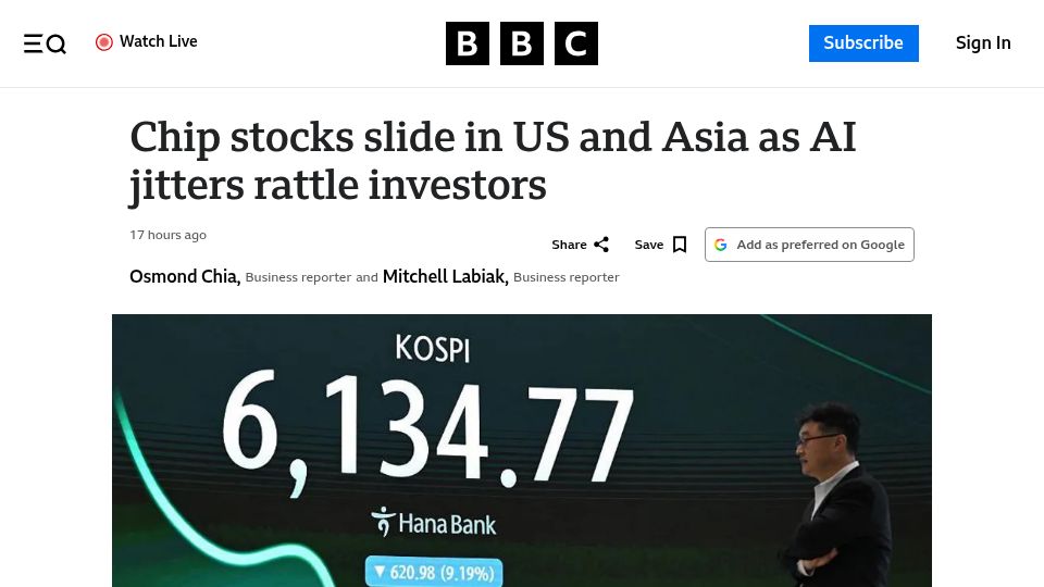 Screenshot of bbc.com: Chip stocks slide in US and Asia as AI jitters rattle investors