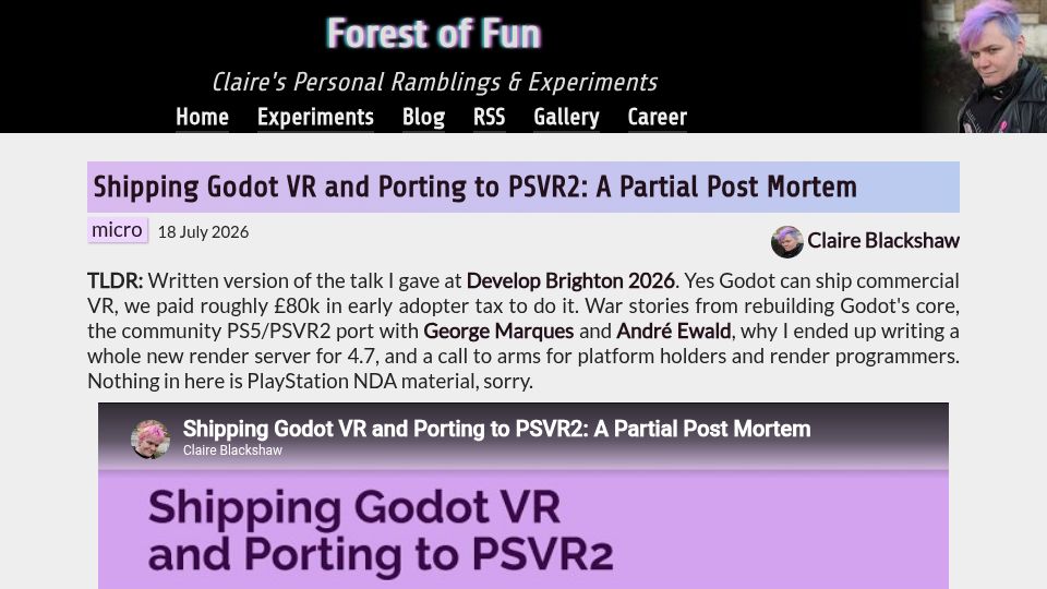 Screenshot of claire-blackshaw.com: Shipping Godot VR and Porting to PSVR2: A Partial Post Mortem