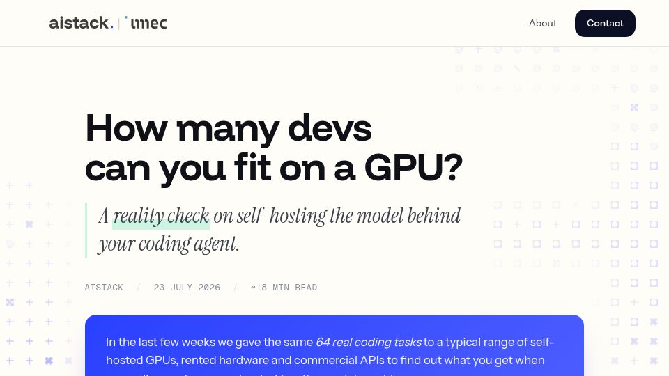 Screenshot of aistack.imec-int.com: Self-hosting Kimi K3: 20% more hardware cost, 20% better task resolution