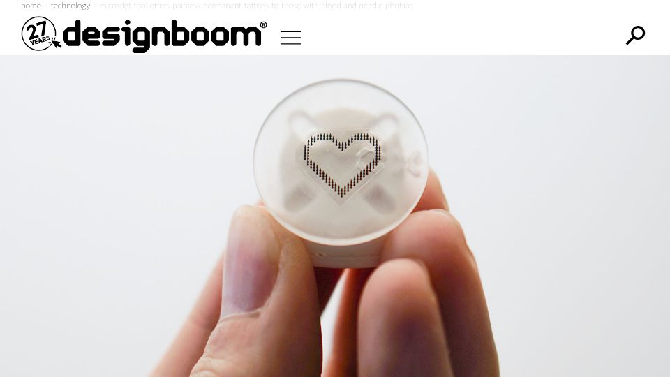 Screenshot of designboom.com: CipherX applies painless permanent tattoos with dissolving microneedle patches