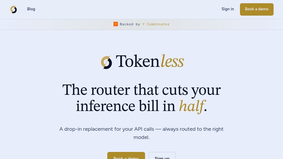 Screenshot of usetokenless.com: Launch HN: Tokenless (YC S26) – Automatic model switching to save money