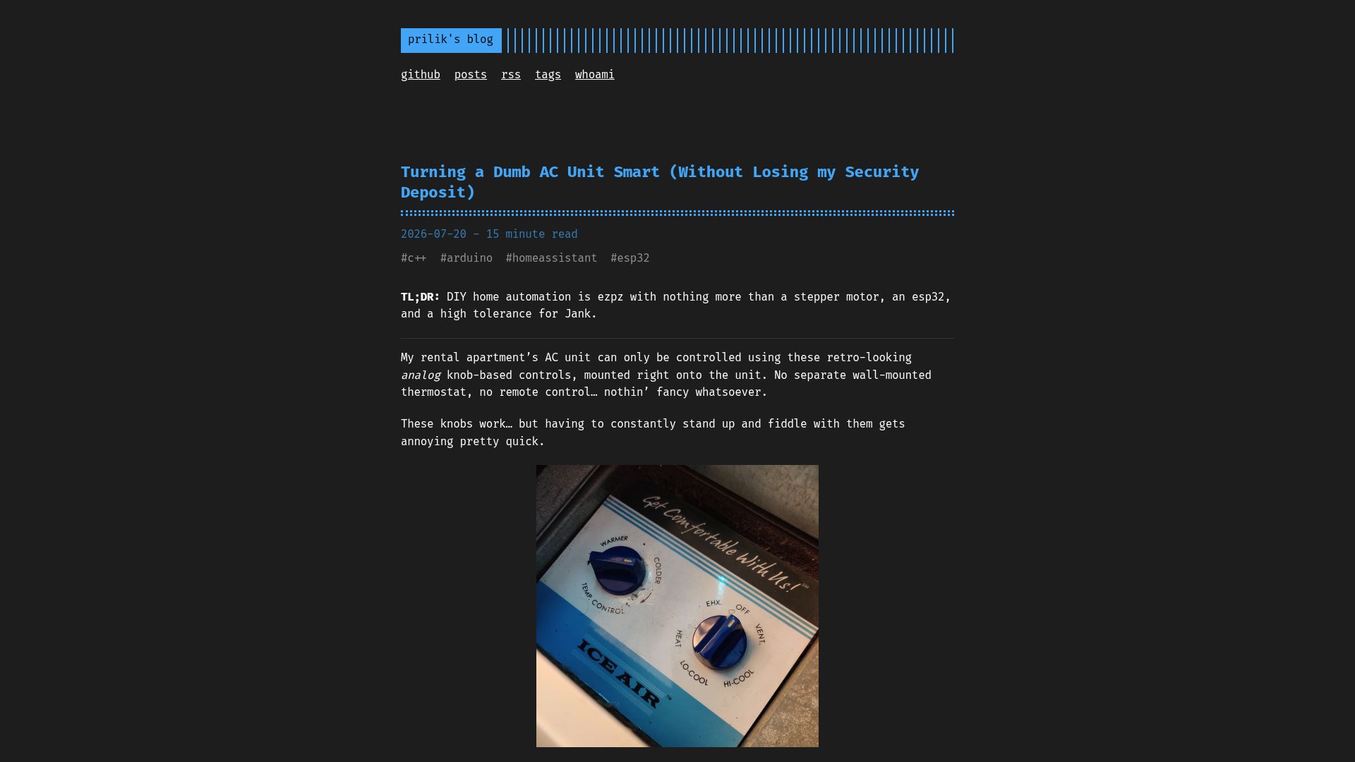 Screenshot of prilik.com: Turning a dumb AC unit smart (without losing my security deposit)