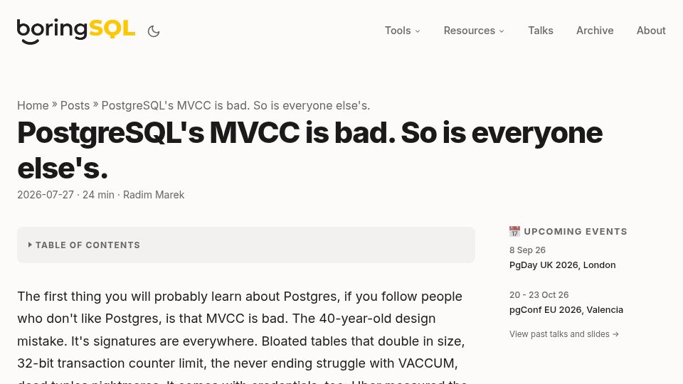 Screenshot of boringsql.com: PostgreSQL's MVCC is bad. So is everyone else's