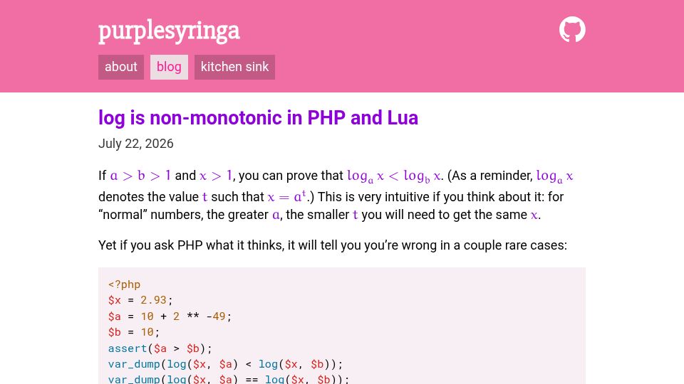 Screenshot of purplesyringa.moe: Log is non-monotonic in PHP and Lua