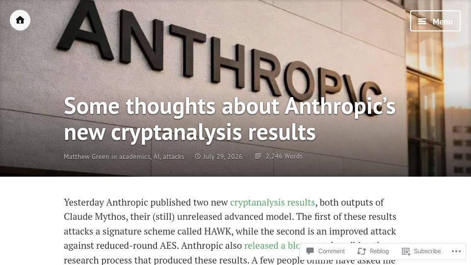 Screenshot of blog.cryptographyengineering.com: Some thoughts about Anthropic's new cryptanalysis results